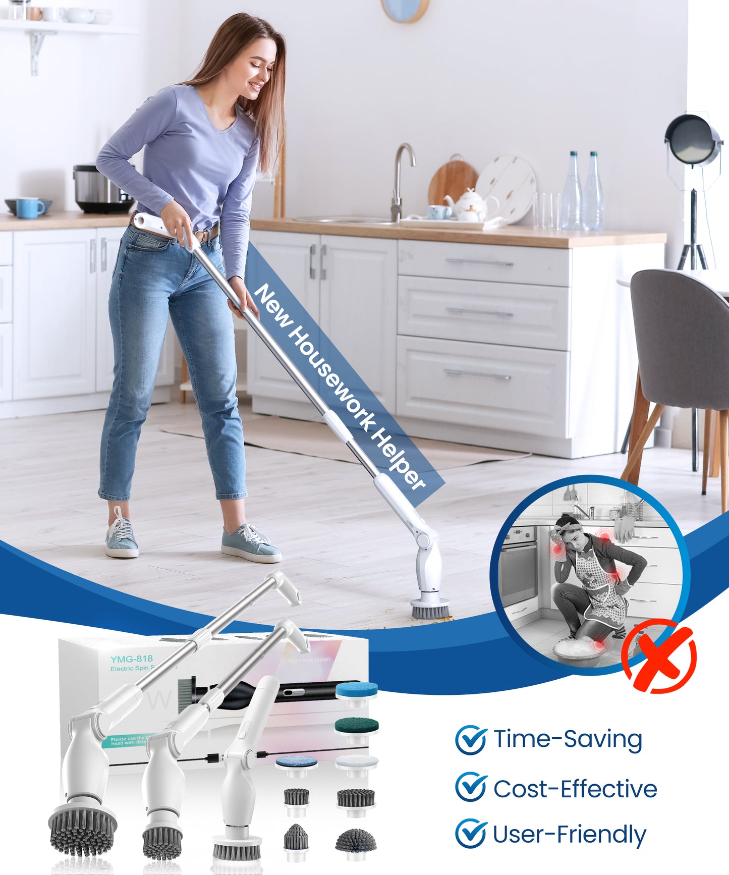 BIMZUC Electric Spin Scrubber, Cordless Cleaning Brush,8 Replaceable Heads, 4 Adjustable Angles, Remote Switch, White