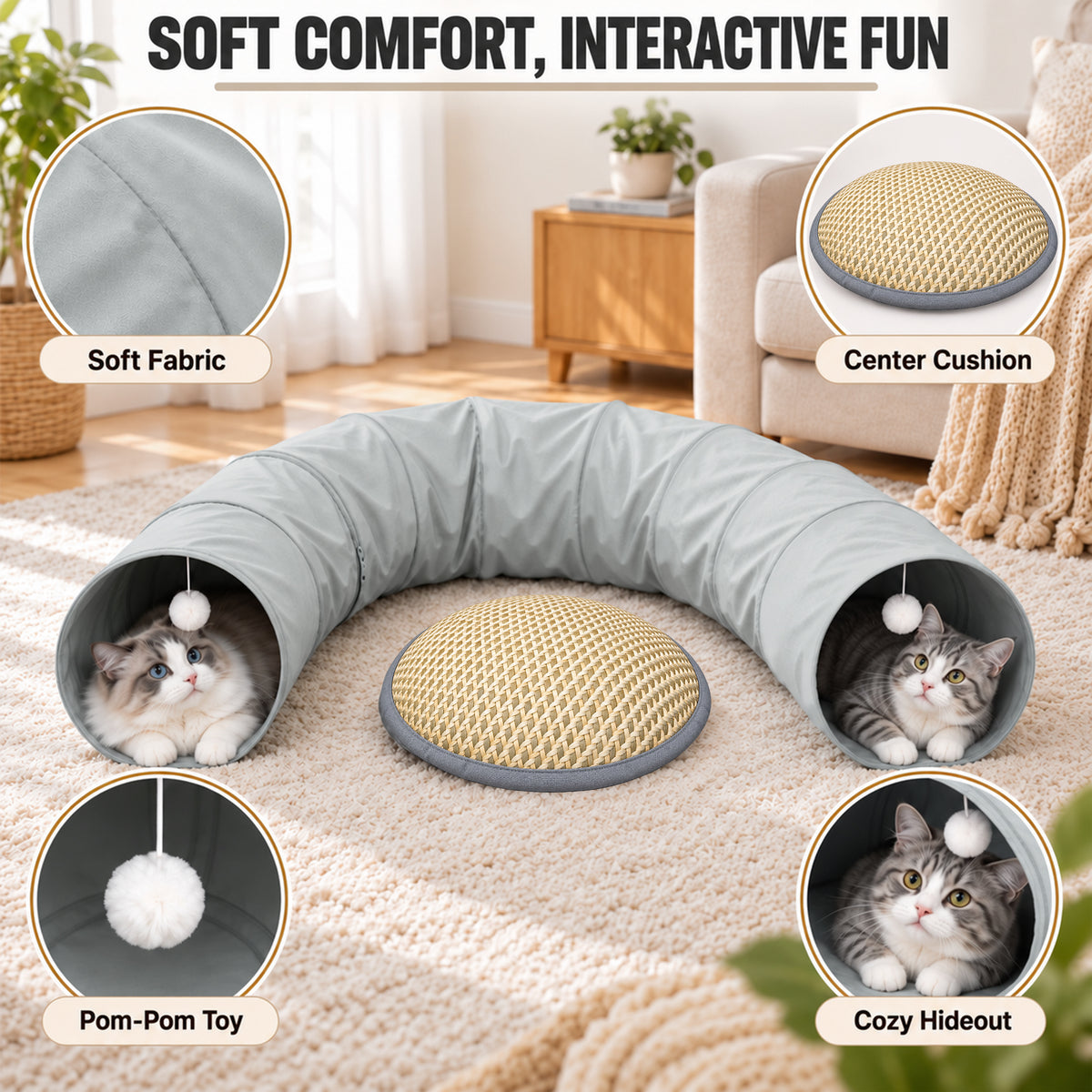 Tolobeve Foldable Cat Tunnel with Cushion Bed, Double-Layer Fabric Modular Tube Toy for Indoor Cats, Gray