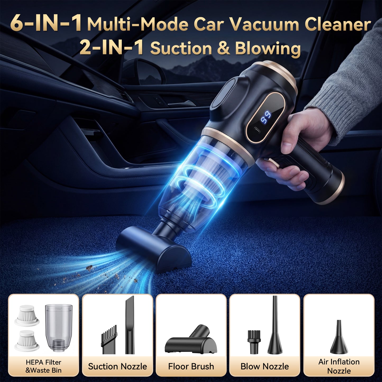 FLORAY Cordless Handheld Car Vacuum Cleaner with Digital Battery Display, Portable Cleaner with 9 Attachments for Car, Home & Office