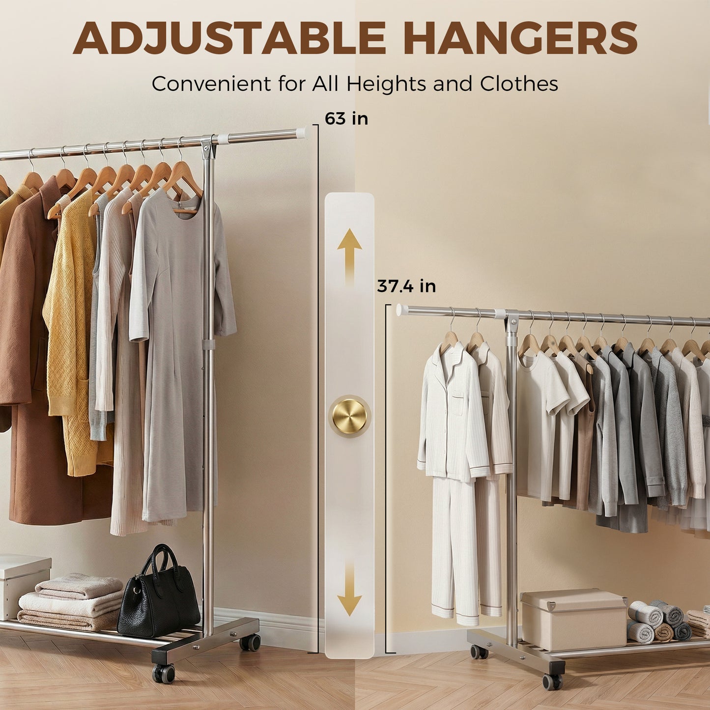 Riousery Heavy-Duty Stainless Steel Clothing Rack with Wheels, Adjustable Height & Length for Closet Organization