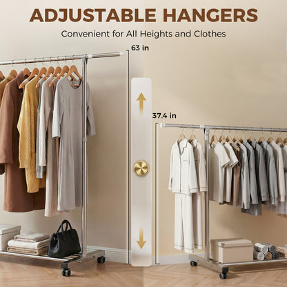 Riousery Heavy-Duty Stainless Steel Clothing Rack with Wheels, Adjustable Height & Length for Closet Organization