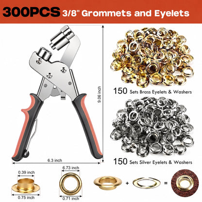 Ouneot Grommet Tool Kit, 300Pcs Silver & Gold Iron Eyelets Hole Punch Pliers, Ergonomic Anti-Slip for Fabric Leather Canvas Tarpaulin Diy Craft Repair