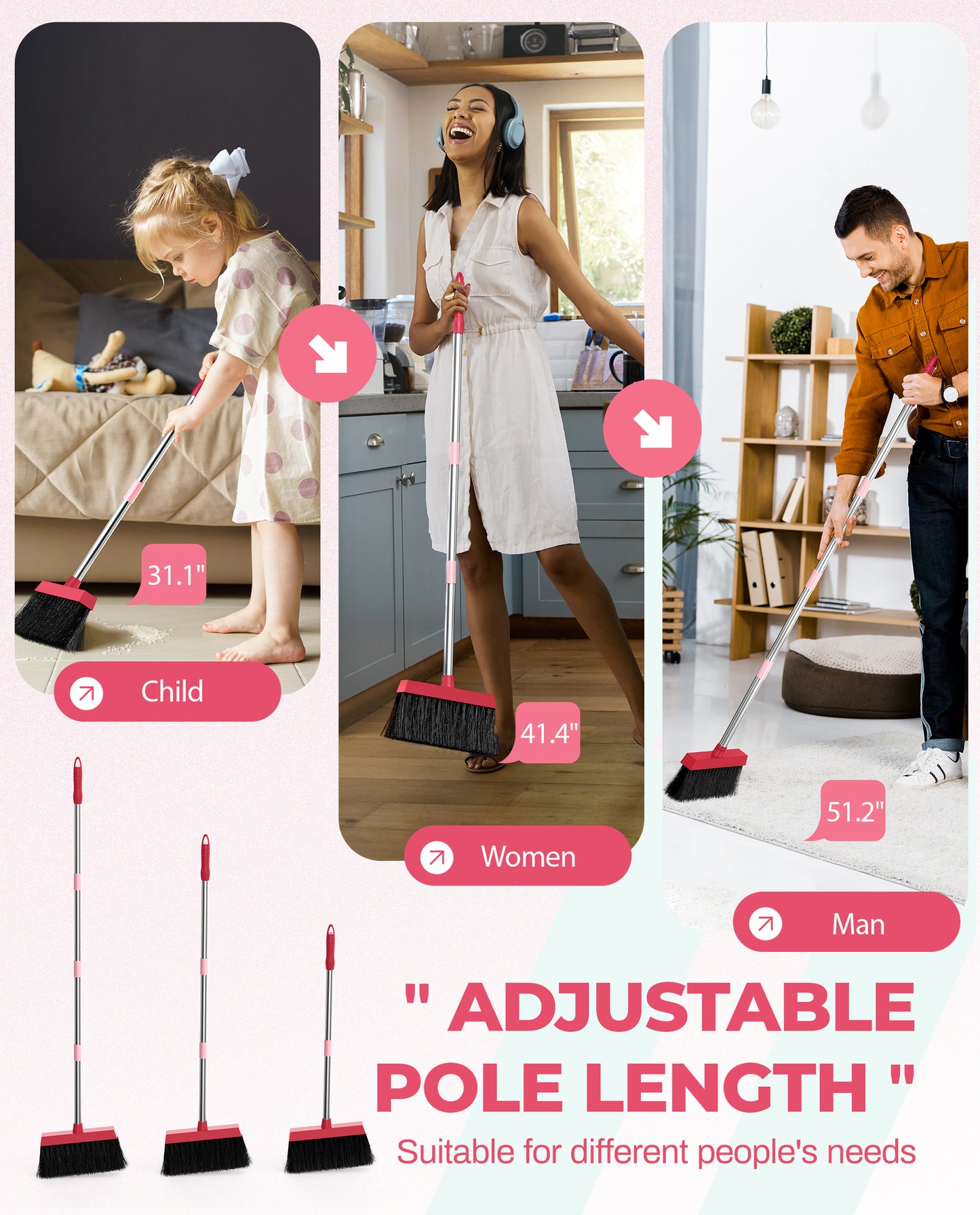 BIMZUC Broom and Dustpan Set for Home, 51" Long Handle Dustpan w/Comb, Broom & Dustpan, Rose Red