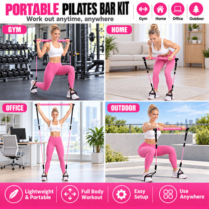 Pilates Bar Kit with Resistance Bands, 1.26in Wide Foot Straps, 3-Section Home Gym Workout Equipment