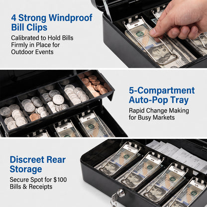 Alylo Large Metal Cash Box with Money Tray and Key Lock, 5 Coin Compartments, Black, 11.8" x 9.45" x 3.74"