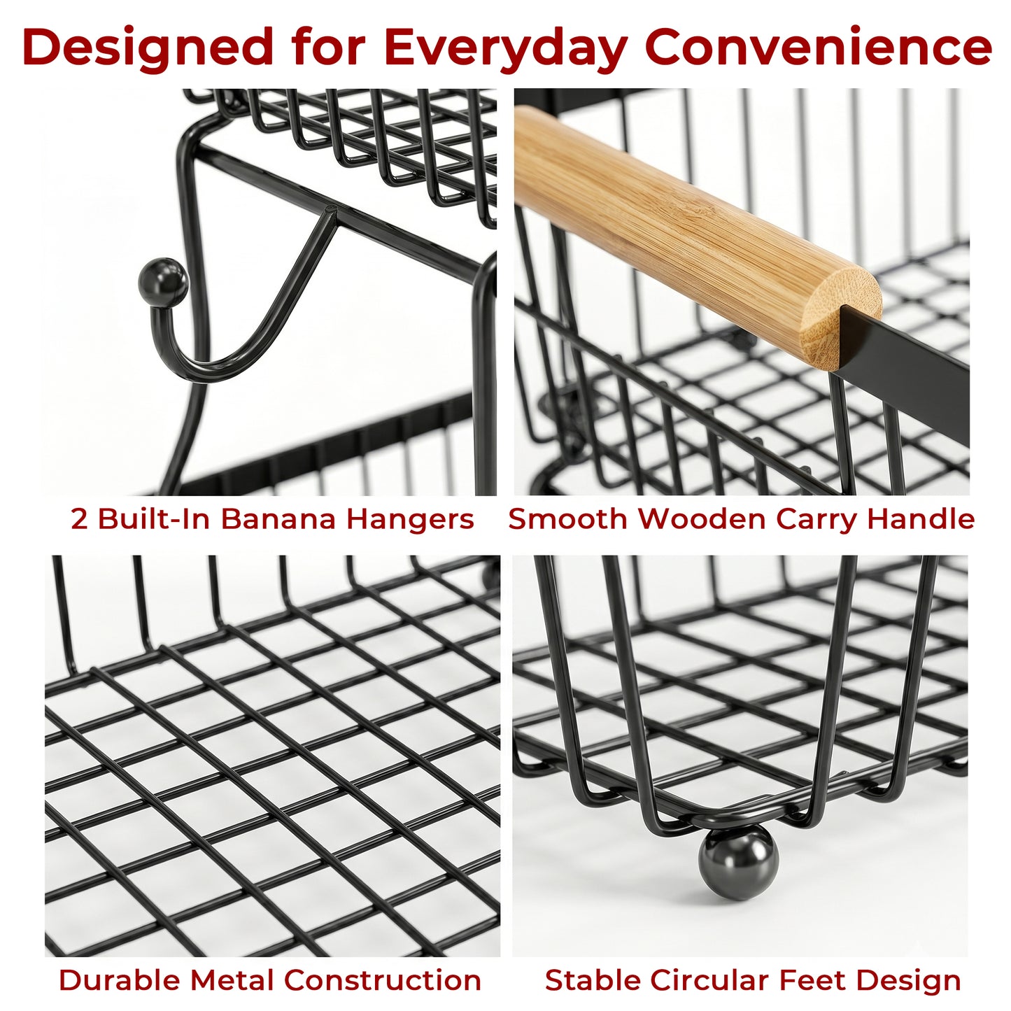Riousery 2-Tier Fruit Basket for Kitchen Counter with Wooden Handle and Side Hooks, Detachable Metal Fruit Bowl Stand for Fruit and Vegetable Storage, Black, 16.1" x 9.4" x 11.4"
