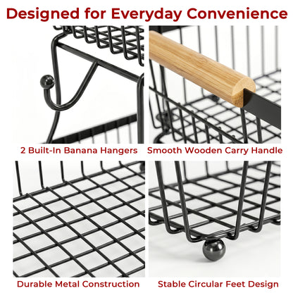 Riousery 2-Tier Fruit Basket for Kitchen Counter with Wooden Handle and Side Hooks, Detachable Metal Fruit Bowl Stand for Fruit and Vegetable Storage, Black, 16.1" x 9.4" x 11.4"