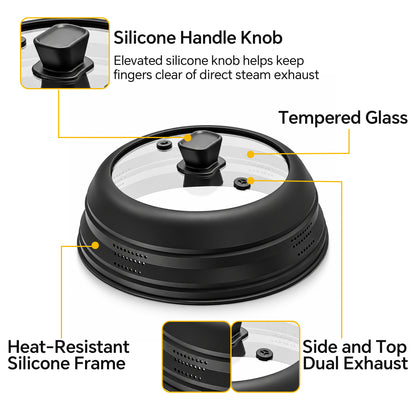 LZSDS 11 inch Collapsible Silicone Microwave Splatter Cover with Tempered Glass Window, Black