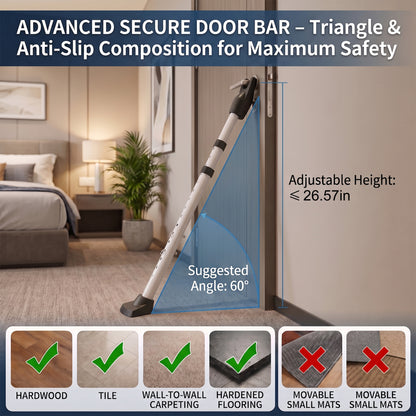 Adjustable Door Security Bar, Heavy-Duty 3-Section Door Stopper for Home Travel & Hotel, 23.2"-49.2"