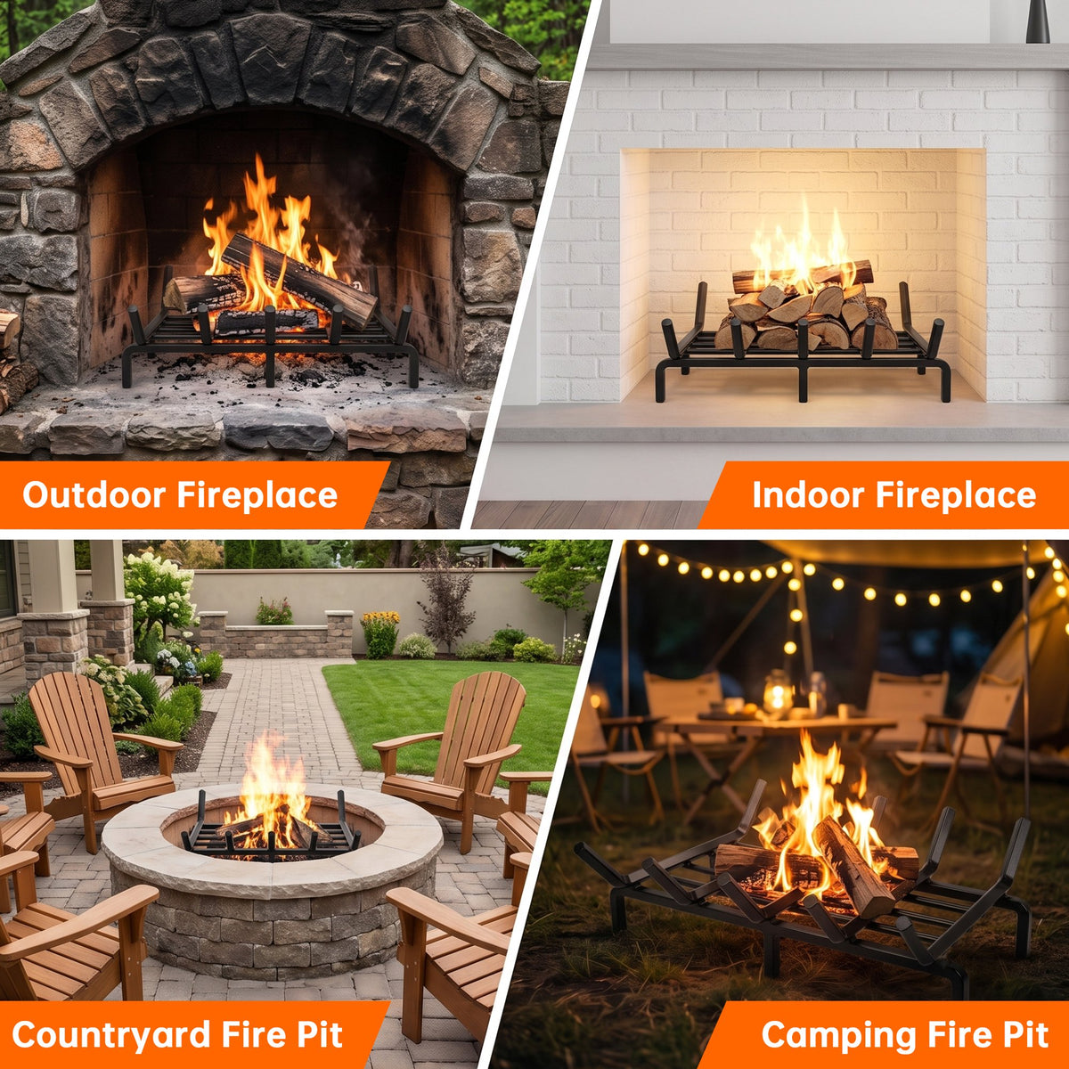 Ouneot 16.14in Cast Iron Fireplace Grate Log Rack, 1/2in Thick Bars 6 Legs for Indoor Stove Outdoor Fire Pit Camping