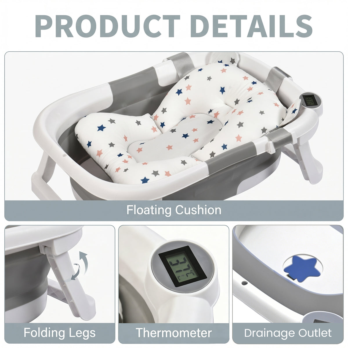 Rupoun Baby Bathtub, Collapsible for Newborn Boys and Girls, Foldable Baby Bathtubs, Gray, Plastic