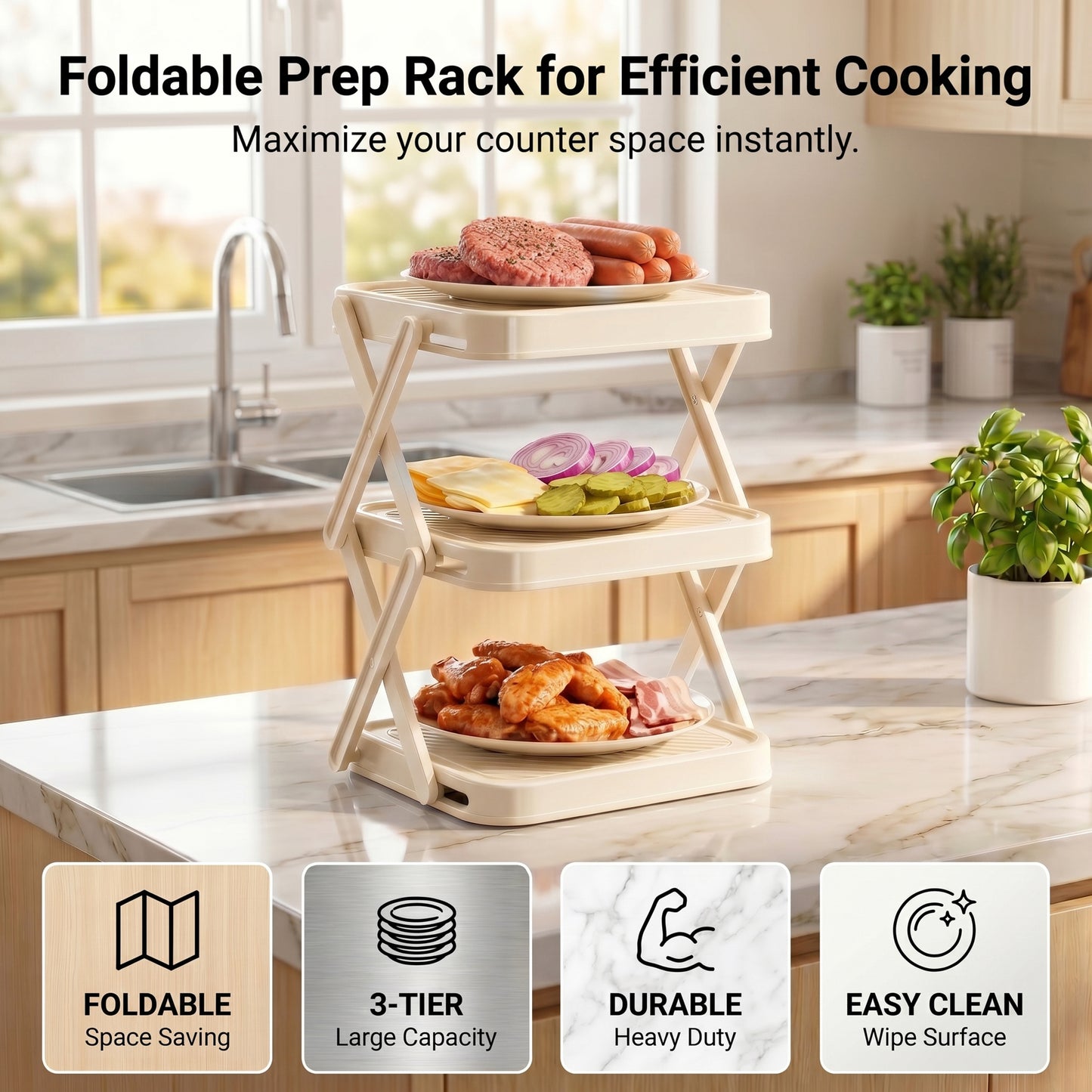 Alylo Kitchen Countertop Plate Organizer and Foldable Food Prep Rack, 3-Tier, ABS Plastic