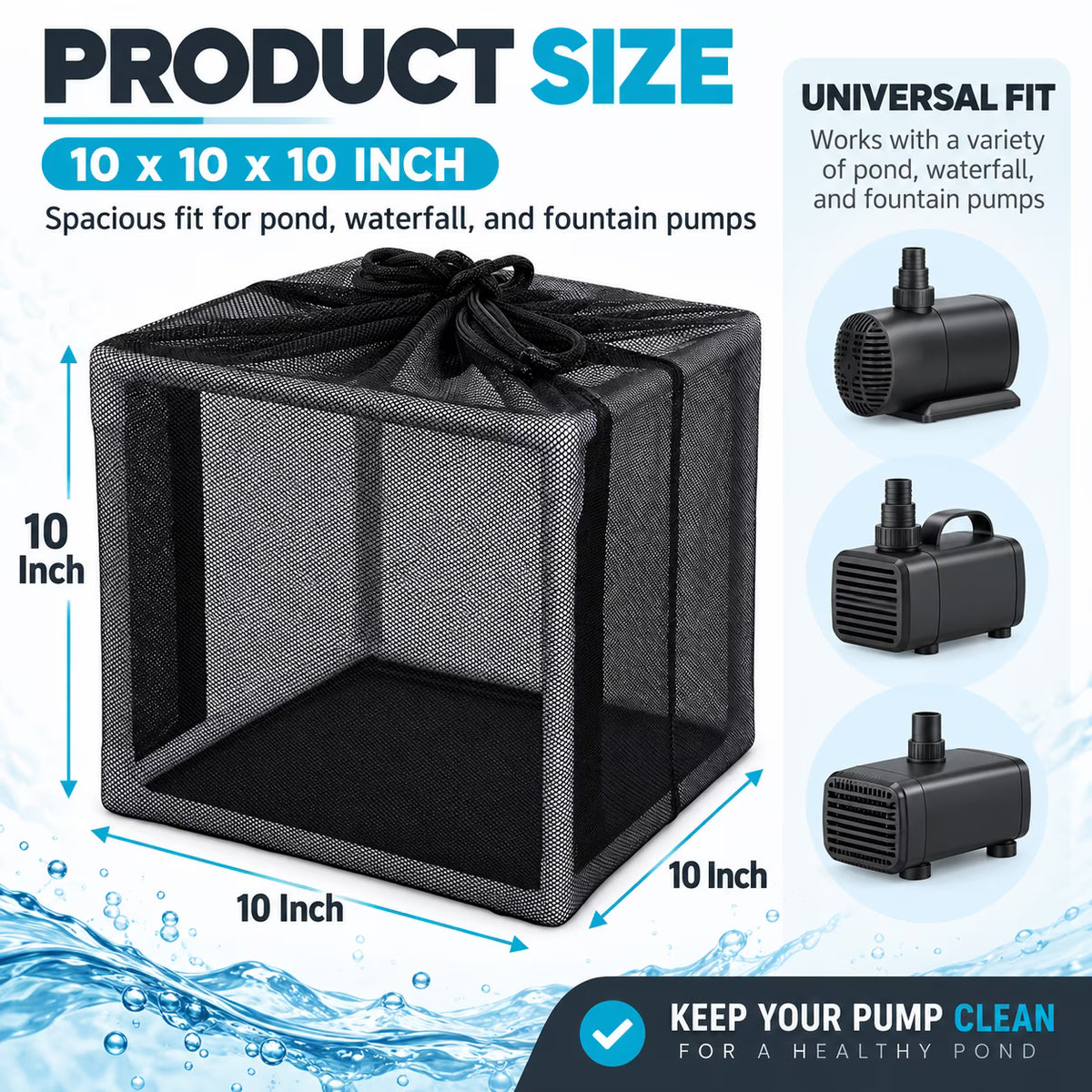 GONCON Pond Filter Bag Anti Clogging Mesh Water Pump Barrier Bag Outdoor Pond Pump Filter Basket Box Cover with 12 Connecting Rods for Waterfalls Fountains and Gardens, 10.00x10.00x10.00 Inches