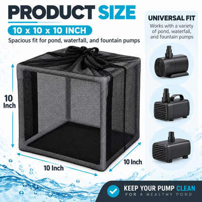 GONCON Pond Filter Bag Anti Clogging Mesh Water Pump Barrier Bag Outdoor Pond Pump Filter Basket Box Cover with 12 Connecting Rods for Waterfalls Fountains and Gardens, 10.00x10.00x10.00 Inches