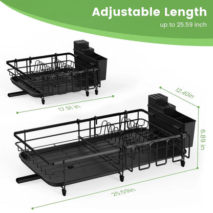 Riousery Retractable Dish Drying Rack for Kitchen Countertop, Compact Dish Rack with Drainboard Tray, Cutting Board/Utensil Holder,Black