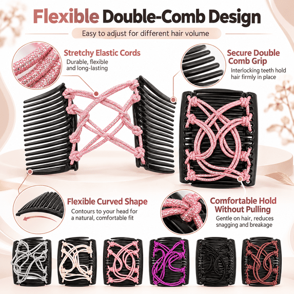 GigBu 6-Pack Magic Hair Combs for Women, Stretchy Double Comb Adjustable Clips, Multicolor, 2.9"