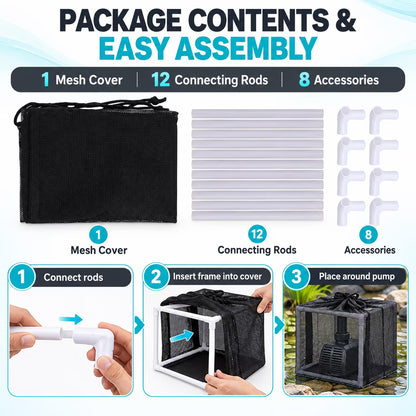 GONCON Pond Filter Bag Anti Clogging Mesh Water Pump Barrier Bag Outdoor Pond Pump Filter Basket Box Cover with 12 Connecting Rods for Waterfalls Fountains and Gardens, 10.00x10.00x10.00 Inches