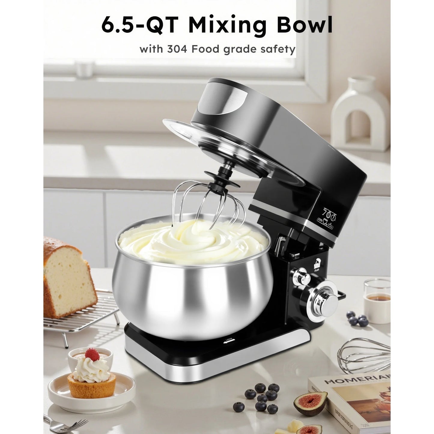 Casualife Stand Mixer,6.5-QT 6-Speed Tilt-Head Food Mixer, Kitchen Electric Mixer with Dough Hook, Wire Whip & Beater