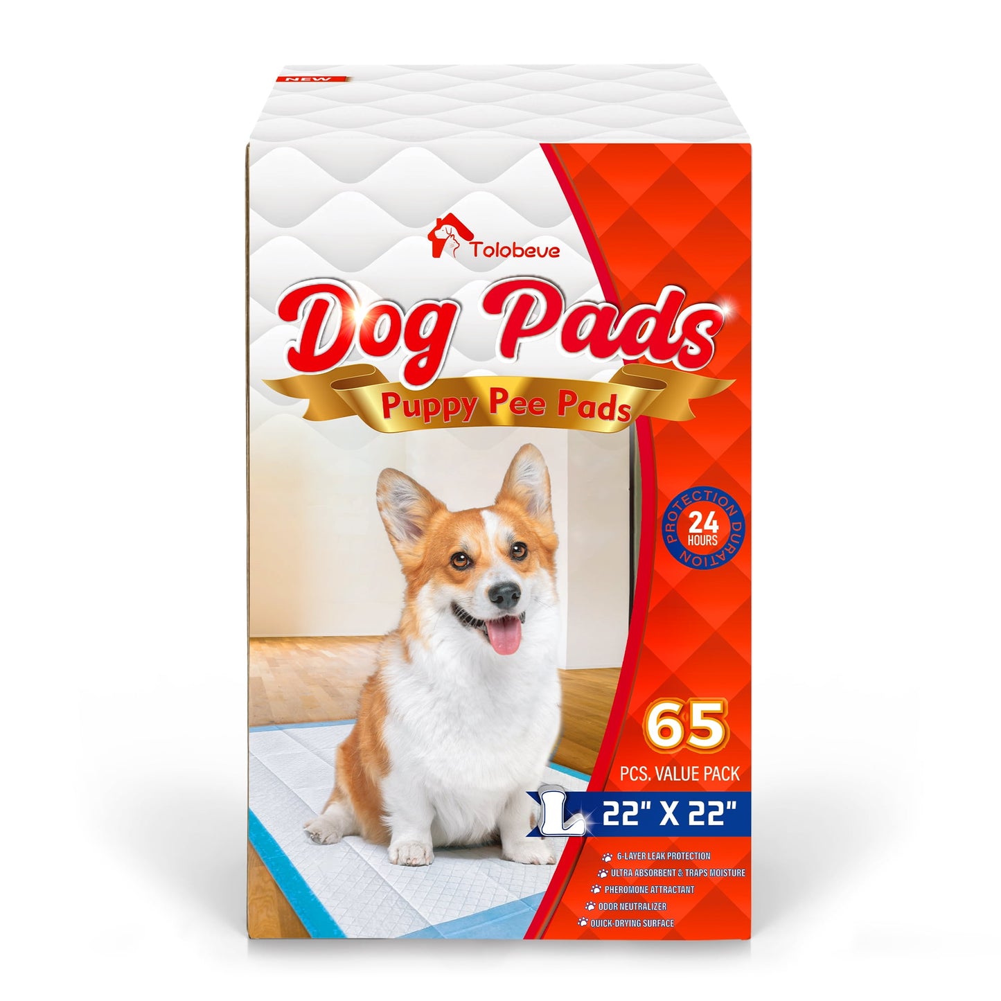 Tolobeve Puppy Pads Training Pads, Large, 22 in x 22 in, 65 Count Disposable Dog Pee Pet Pads