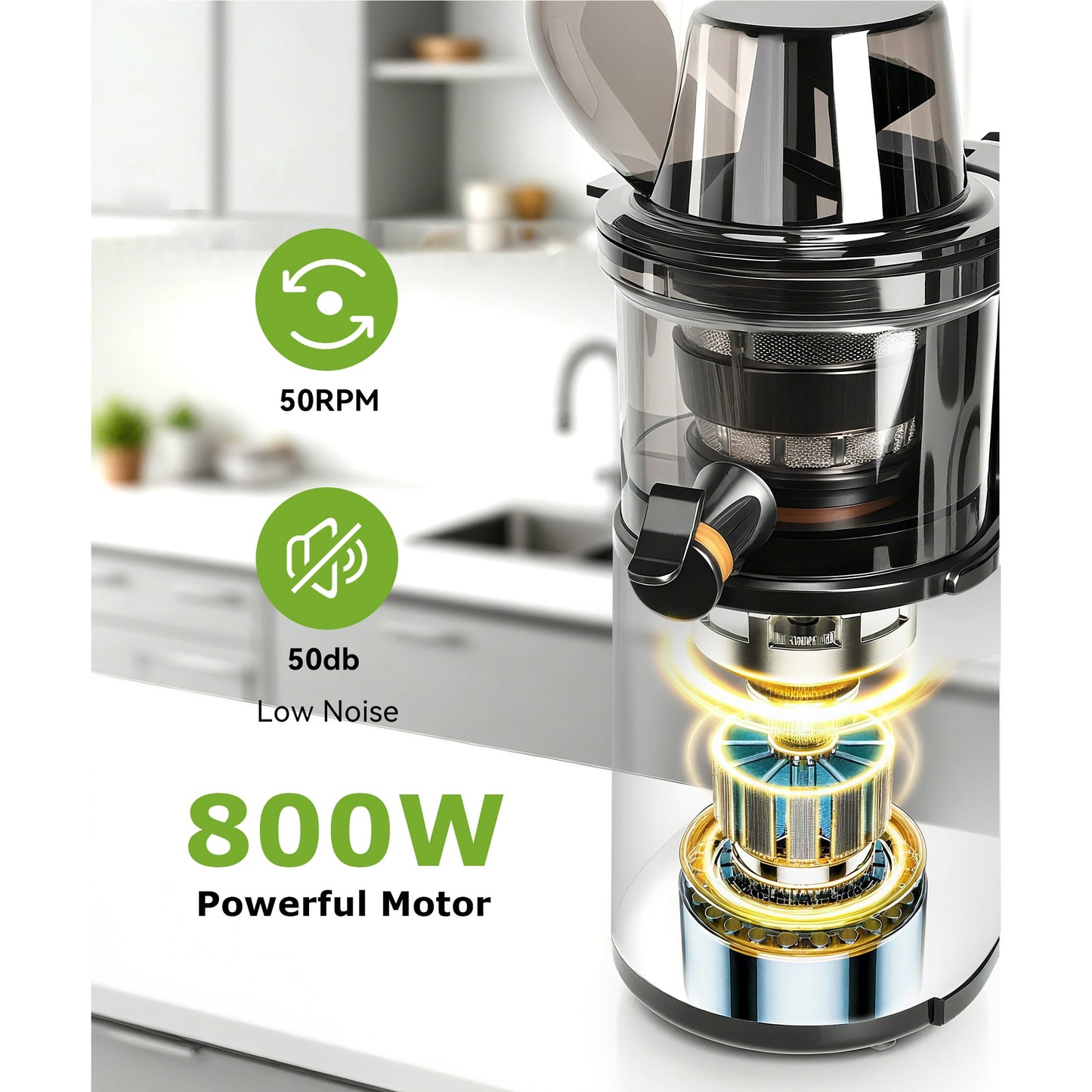 Casualife Cold Press Juicer, 800W Masticating Juicer with 5.4" Wide Feed Chute, High Juice Yield, Easy to Clean, Black