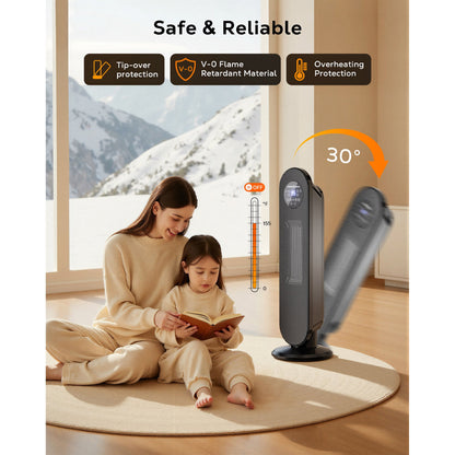 MORSUMA 25" PTC Space Heater, 1500W Ceramic Tower Heater with ECO Mode, Remote Control, 12H Timer, Oscillation, LED Display, Black