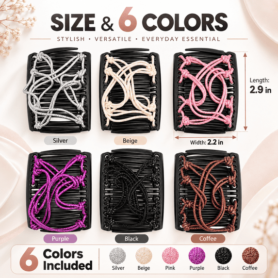 GigBu 6-Pack Magic Hair Combs for Women, Stretchy Double Comb Adjustable Clips, Multicolor, 2.9"