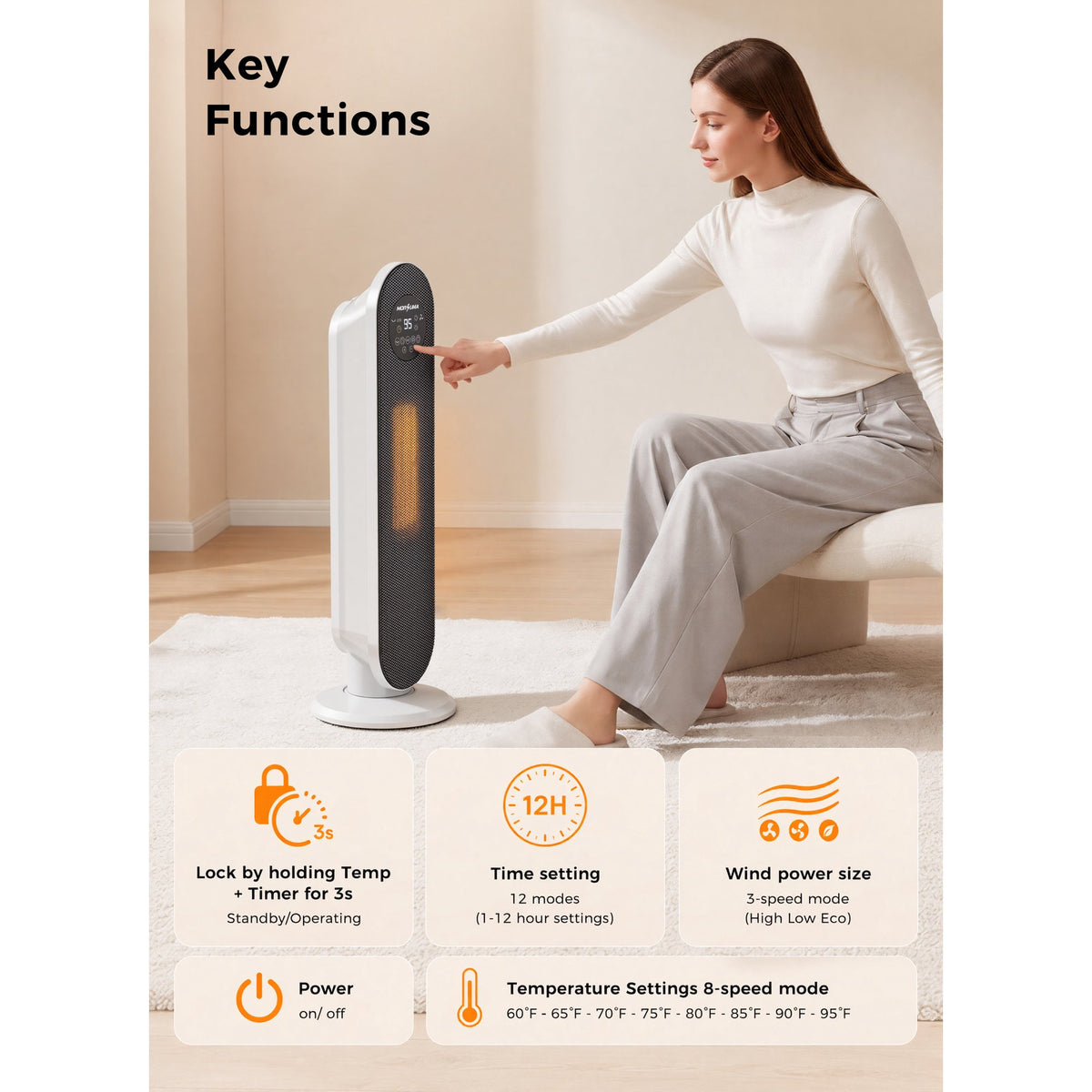 MORSUMA 25" White Tower Heater with Remote Control, 1500W PTC Electric Space Heater with ECO Mode, LED Display, Timer and Adjustable Thermostat for Home Office Bedroom