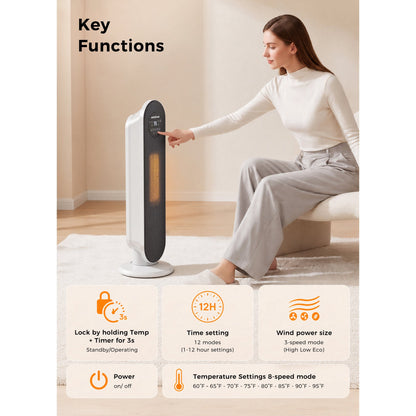 MORSUMA 25" White Tower Heater with Remote Control, 1500W PTC Electric Space Heater with ECO Mode, LED Display, Timer and Adjustable Thermostat for Home Office Bedroom