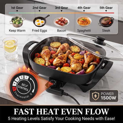 Casualife 5L Electric Hot Pot, Multi-Functional Non-Stick Electric Skillet with Vented Glass Lid, 5.3 Qt Family Size Cooker for Frying, Simmering & Boiling, Black