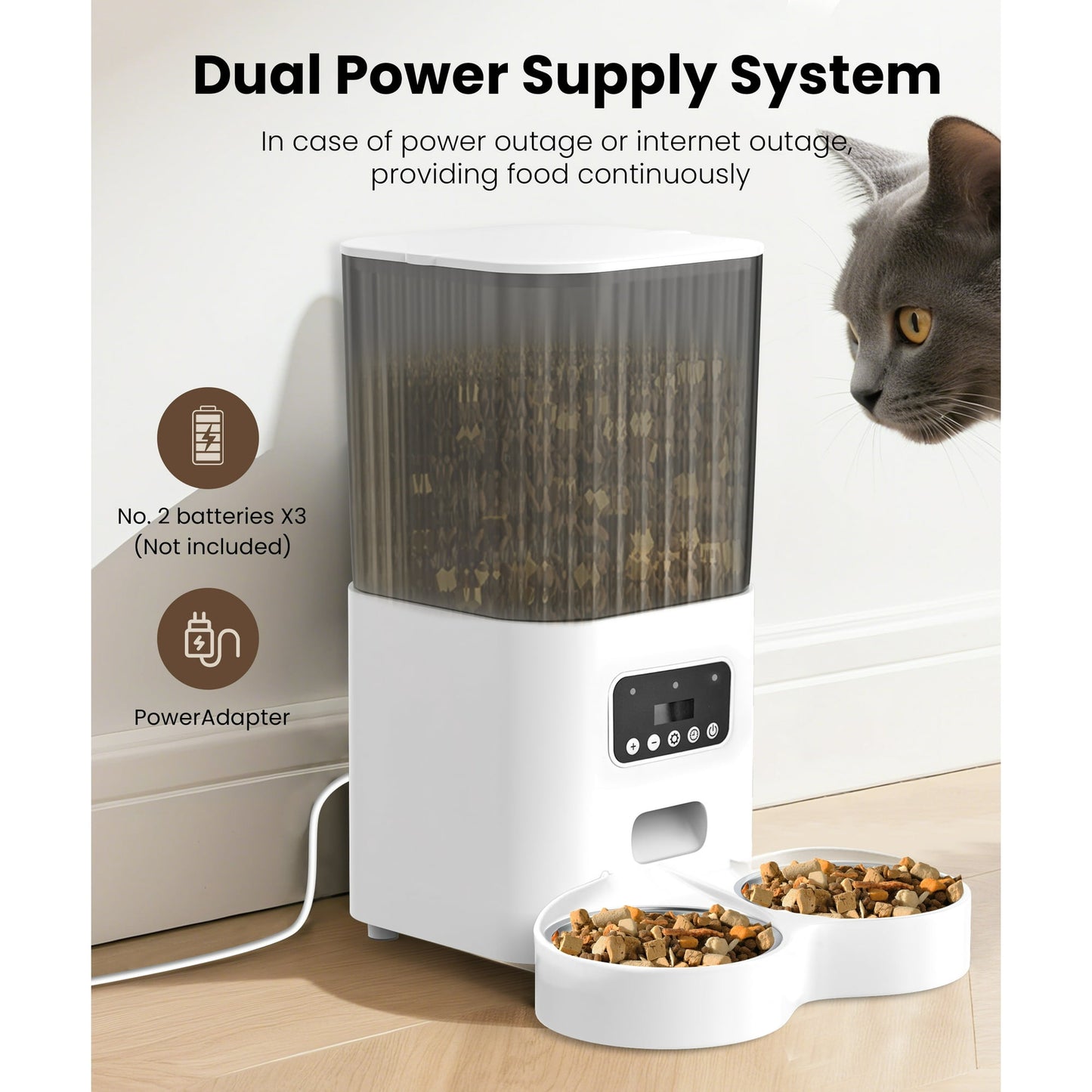 Automatic Cat Feeders for 2 Cats, Timed Auto Feeder Cat Food Dispenser, White, 5L with Double Bowls