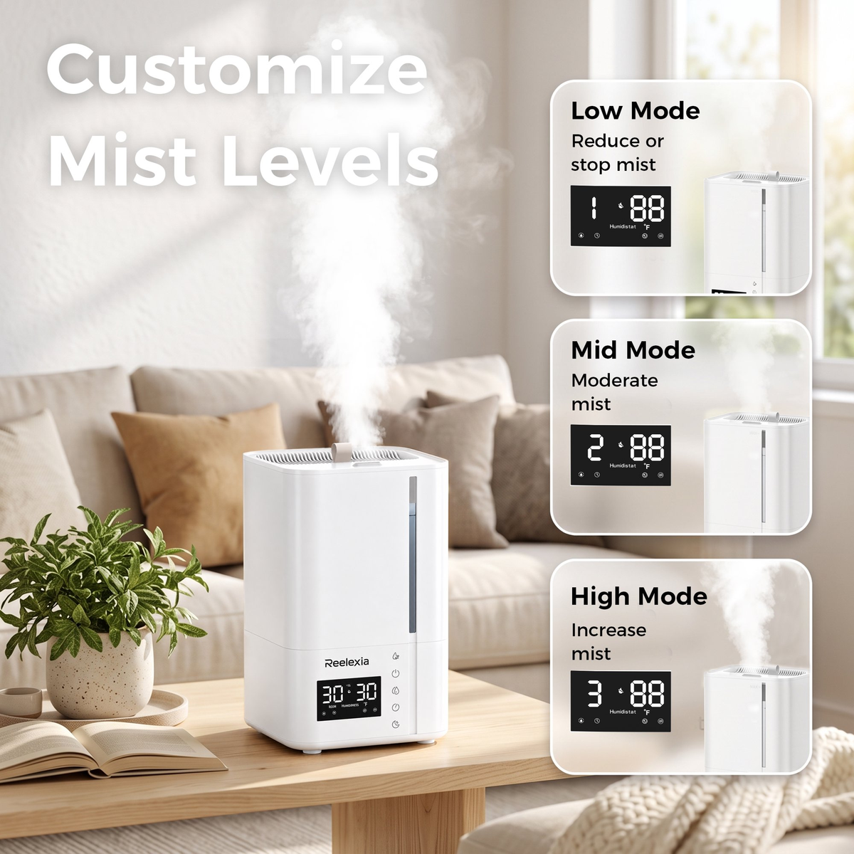 Reelexia 6L Cool Mist Humidifiers for Large Room, Home Ultrasonic Humidifier with Humidistat, Sleep Mode, Night Light, Aroma Tray,White