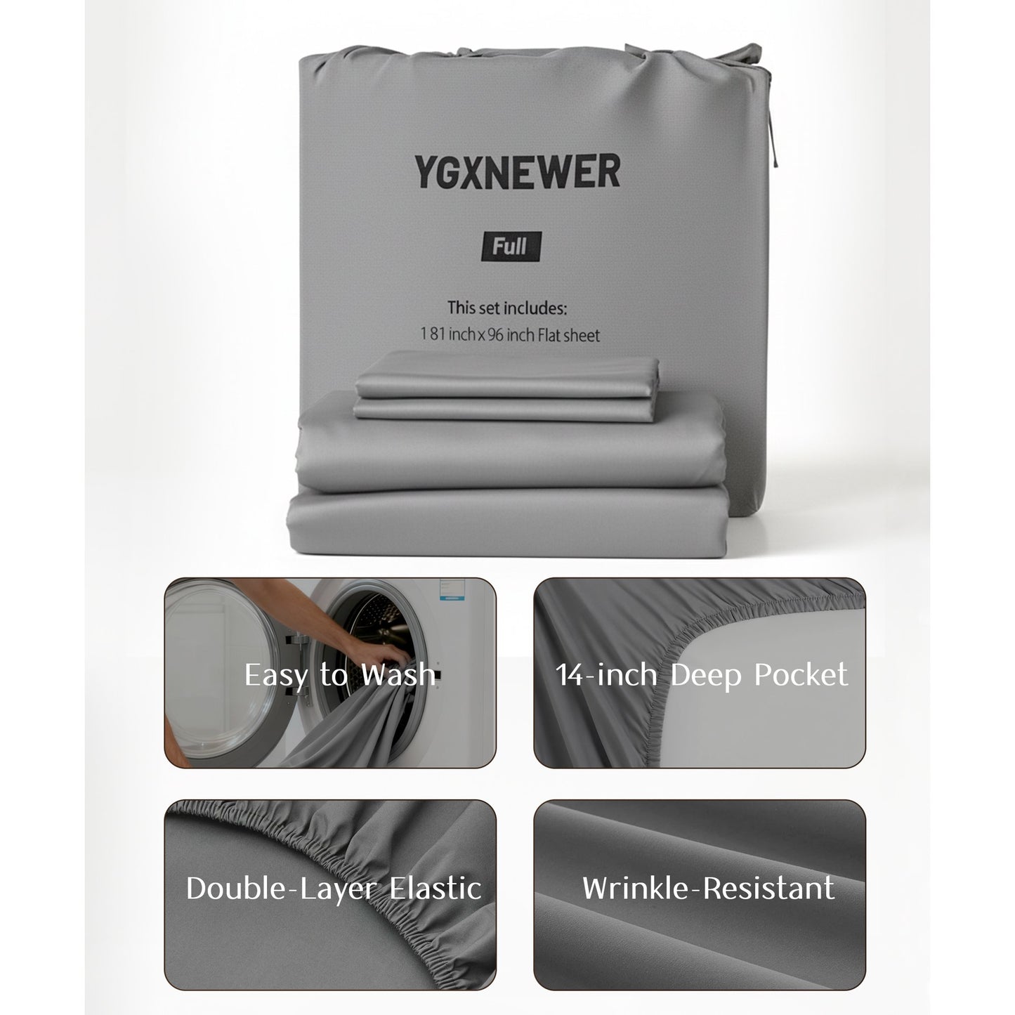 YGXNEWER Full Size 4 Piece Sheet Set, Comfy Breathable Cooling Bed Sheets Set, Hotel Luxury Bedding, Deep Pockets, Ultra-Soft, Wrinkle Free, Grey