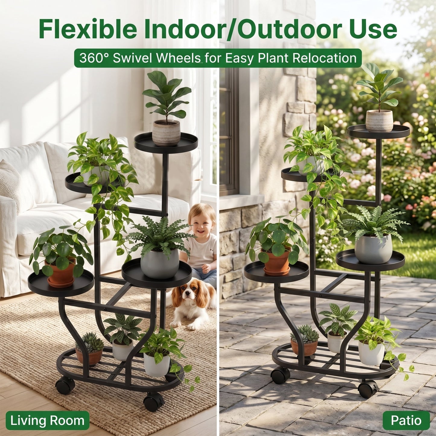 OHHANI 5-Tier Metal Plant Stand with Wheels, Tall Indoor/Outdoor Corner Flower Pot Display Shelf, Matte Black