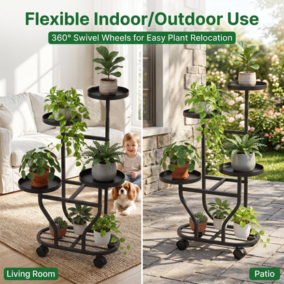 OHHANI 5-Tier Metal Plant Stand with Wheels, Tall Indoor/Outdoor Corner Flower Pot Display Shelf, Matte Black