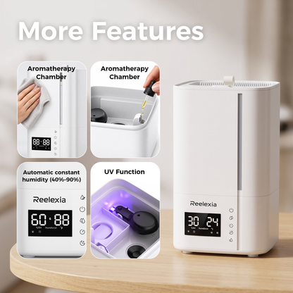 Reelexia 6L Cool Mist Humidifiers for Large Room, Home Ultrasonic Humidifier with Humidistat, Sleep Mode, Night Light, Aroma Tray,White