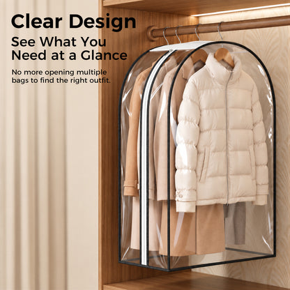 Riousery Clear Garment Bags for Closet Storage, 3 Pack Hanging Clothes Covers with 10" Gusset, Waterproof PEVA Suit Bags with Side Zipper for Dresses, Jackets and Coats