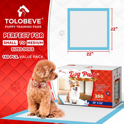 Tolobeve Puppy Pads Training Pads, Large, 22 in x 22 in, 160 Count Disposable Dog Pee Pet Pads