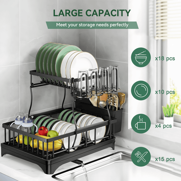 Riousery 2 Tier Dish Racks for Kitchen Counter, Dish Drying Rack with Dish Drainer, Stainless Steel Dish Rack Drain Set with Utensil Cups Holders, Drain Board with Drainage, Kitchen Organizers