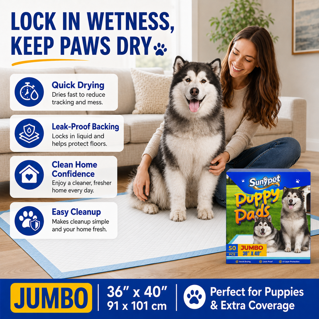 Sunypet Puppy Pads Disposable Dog Potty Training Pads, Quick Dry, Ultra Absorbent,Jumbo 36"x40", 50ct