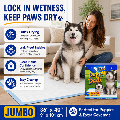 Sunypet Puppy Pads Disposable Dog Potty Training Pads, Quick Dry, Ultra Absorbent,Jumbo 36"x40", 50ct