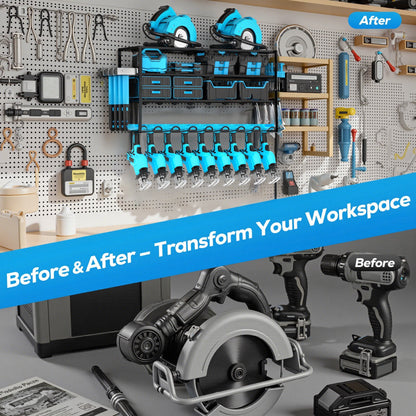 Riousery Heavy Duty Power Tool Organizer Wall Mount, 8 Drill Holder Rack with Hooks, 4-Tier Tool Storage Shelf with 350Lbs Load Capacity, Garage Tool Rack for Workshop Shed Pegboard Wall