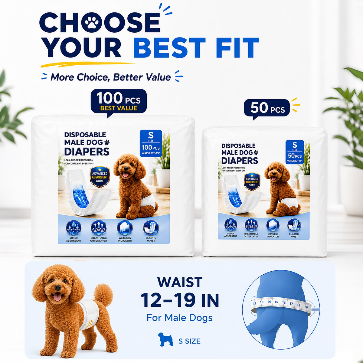 Sunypet Disposable Male Dog Wraps with Stretchy Waistband, Small, 50 Count – Leak-Resistant & Absorbent for Training, Travel, Excitable Urination