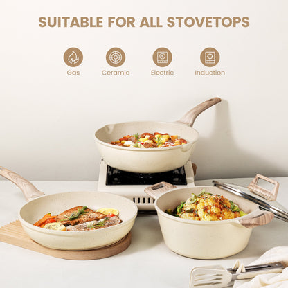 Younghome 14 Pcs Nonstick Pots and Pans Cookware Set, Kitchen Cooking Sets Easy Clean, Beige Granite