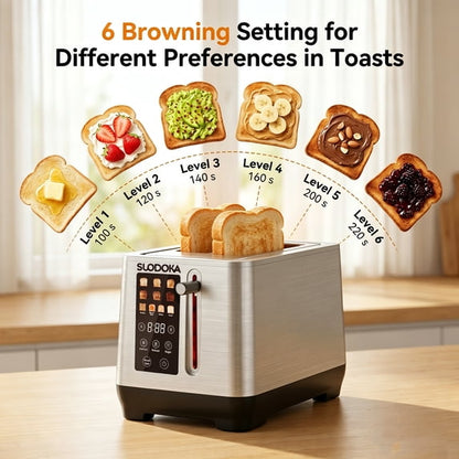 Suodoka 2-Slice Digital Toaster, Stainless Steel Touch Control Toaster with 6 Shade Settings, 5 Functions & 5.51" Extra-Wide Slots