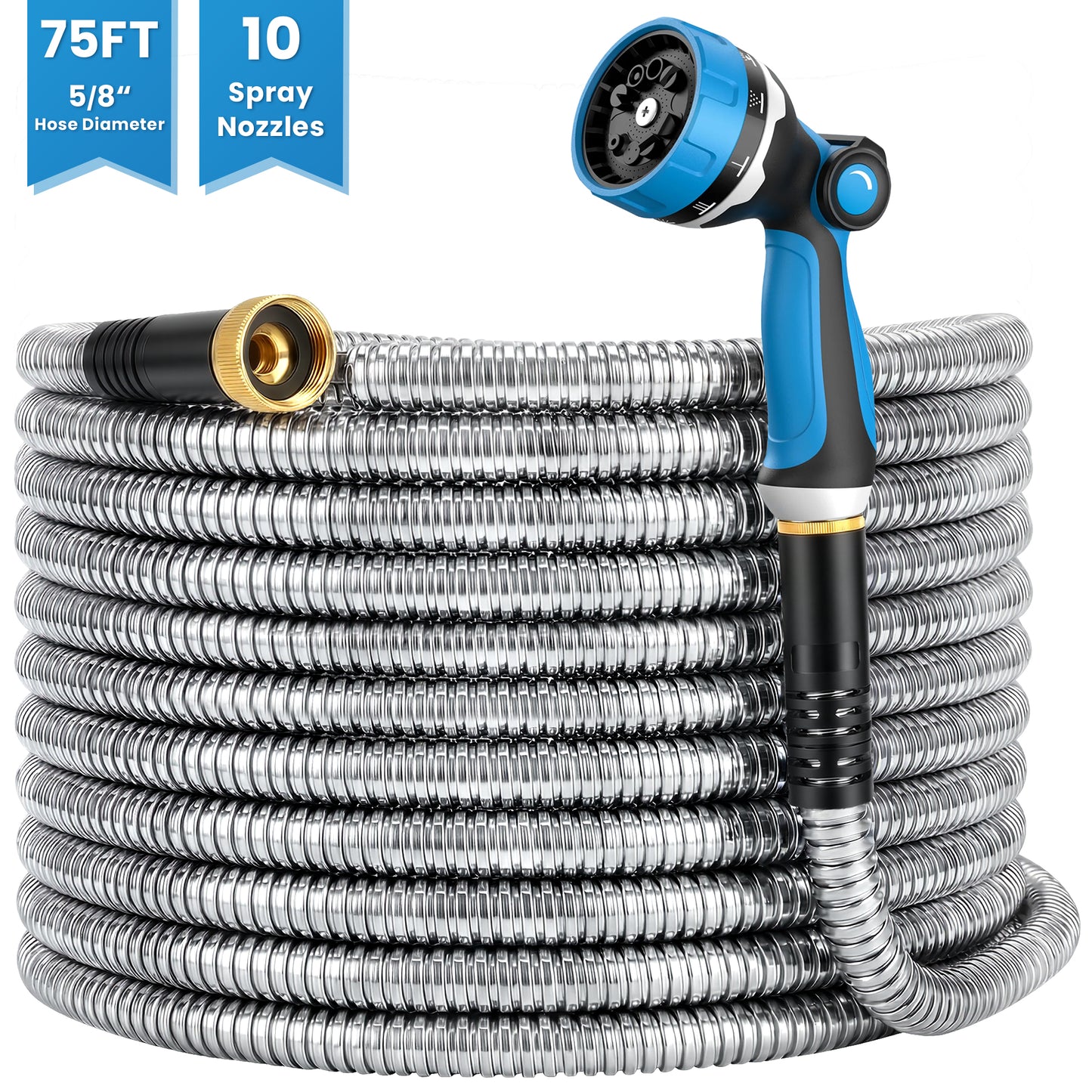 OHHANI Garden Hose 5/8" x 75ft with 10 Function Nozzle Stainless Steel Heavy-Duty Water Hose No Kink for Large Yard, Farm
