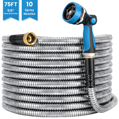 OHHANI Garden Hose 5/8" x 75ft with 10 Function Nozzle Stainless Steel Heavy-Duty Water Hose No Kink for Large Yard, Farm