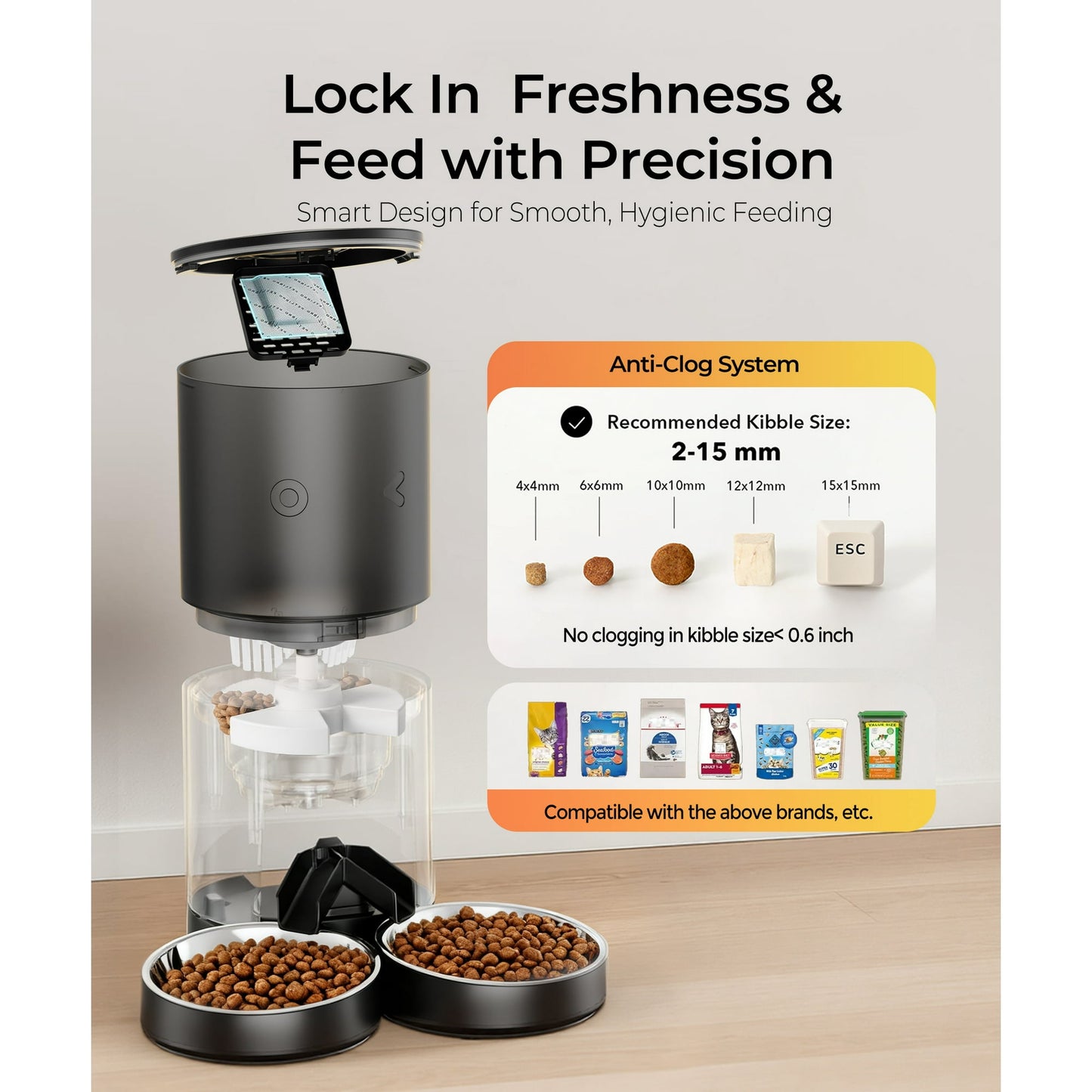 Tolobeve Automatic Cat Feeder for 2 Cats, 2-Way Splitter Timed Cat Dry Food Dispenser with 2 Bowls