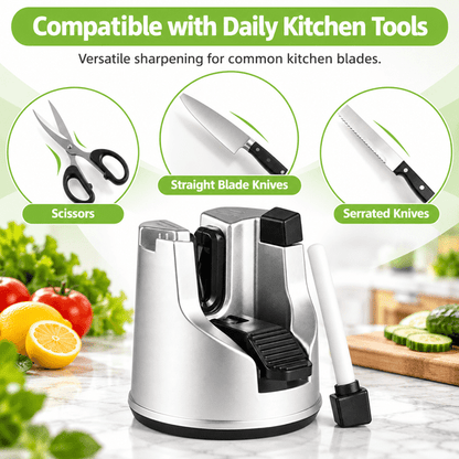 GigBu 3-in-1 Kitchen Knife Sharpener with Suction Cup Base, Manual Sharpening Tool for Straight & Serrated Knives and Scissors, Silver/Black