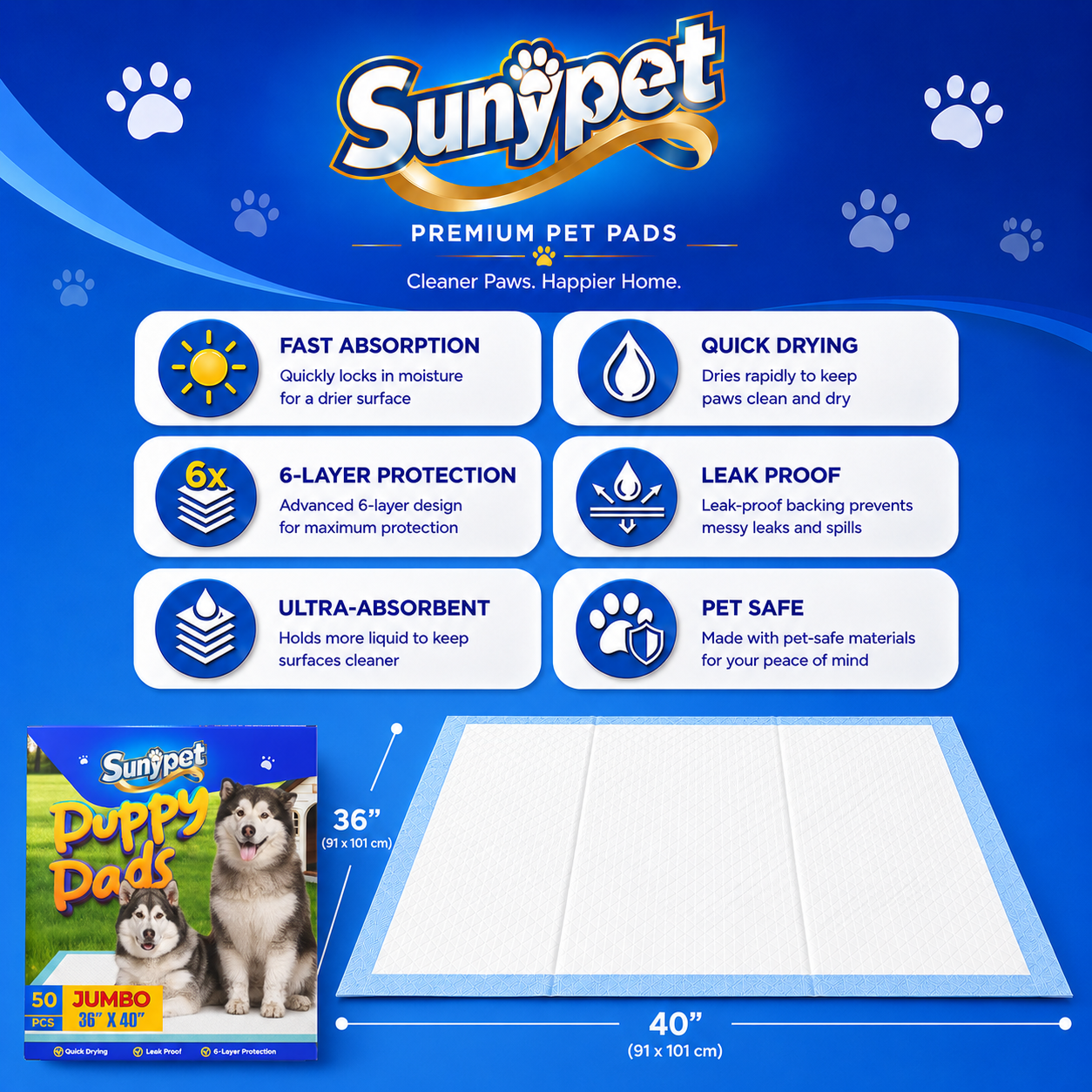 Sunypet Puppy Pads Disposable Dog Potty Training Pads, Quick Dry, Ultra Absorbent,Jumbo 36"x40", 50ct