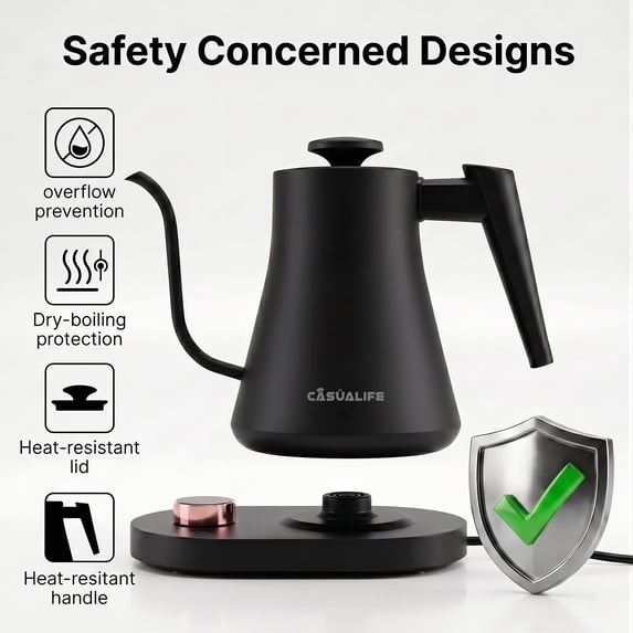 Casualife 0.8L Gooseneck Electric Kettle, Digital Temperature Control Electric Tea Kettle with Keep-Warm & 60s Memory, Safe Easy Clean for Home Office.